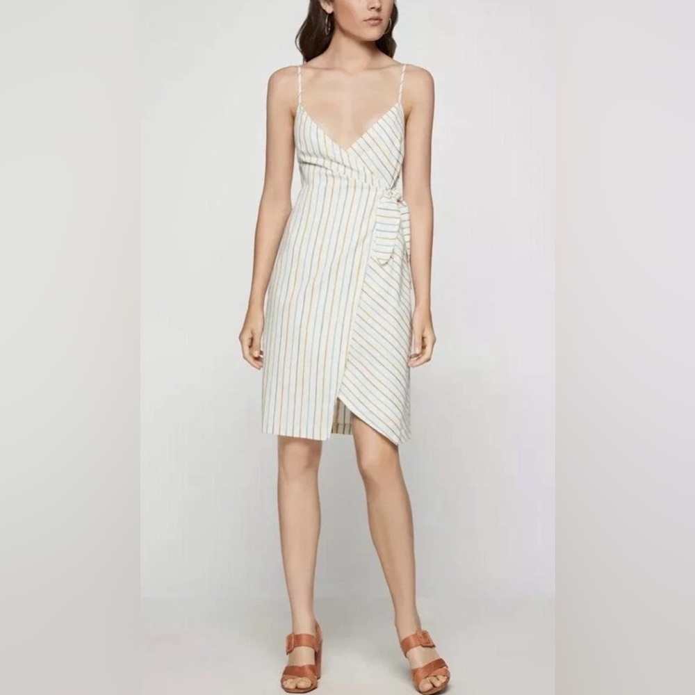 BCBGeneration Beige Striped Midi Wrap Dress Medium